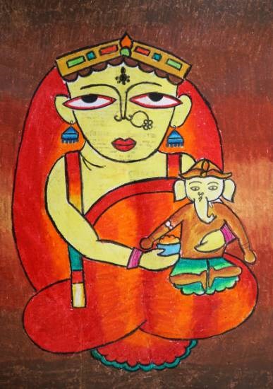 Parvati with Bal Ganesha, painting by Shoubhit D Rathore