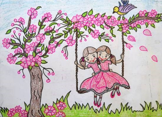 Two Girls Playing swings, painting by Swara Aniruddha Chhatre