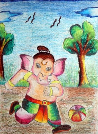 Ganesha Playing Football, painting by Varad Ganesh Jadhav