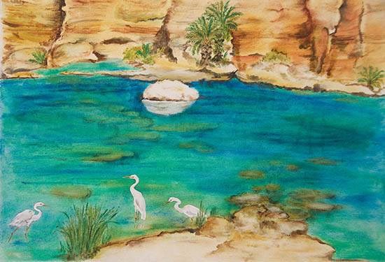 Wadi in Oman, painting by Nirmal Pathare