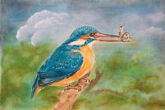 Kingfisher with his catch, painting by Nirmal Pathare