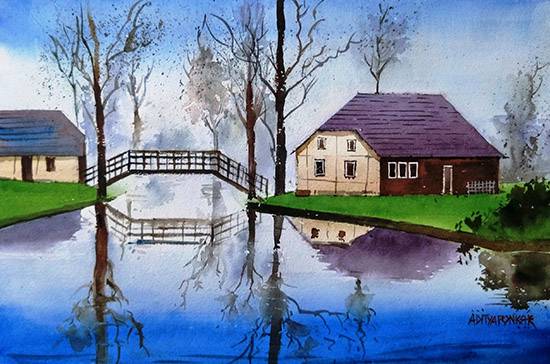 Painting by Aditya Ponkshe - Misty evening in Giethoorn