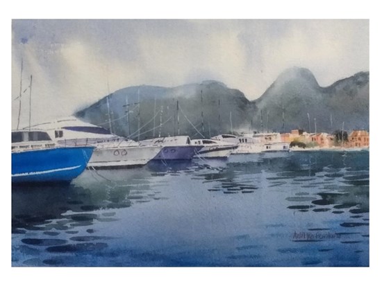 Yachts in Spanish Harbour, painting by Aditya Ponkshe