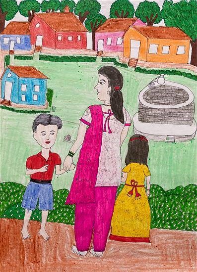 Mother & children at home premises, painting by Bhagyashri Wangad