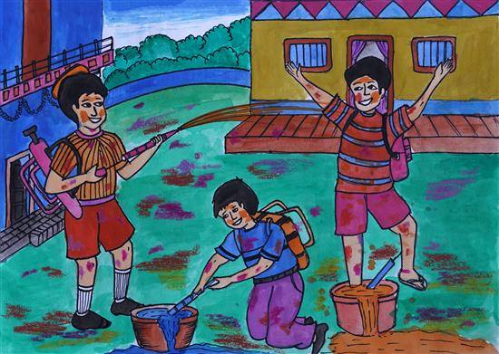 Painting  by Pravin Pachaga - Happy children at holi