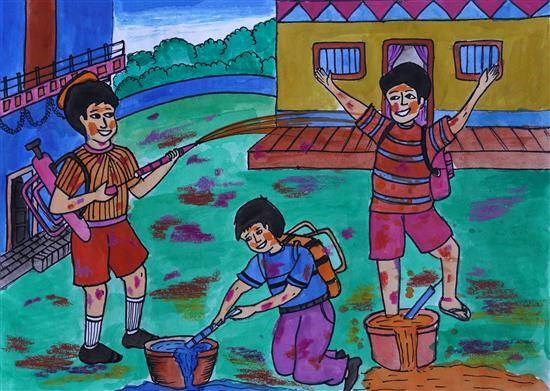 Happy children at holi, painting by Pravin Pachaga