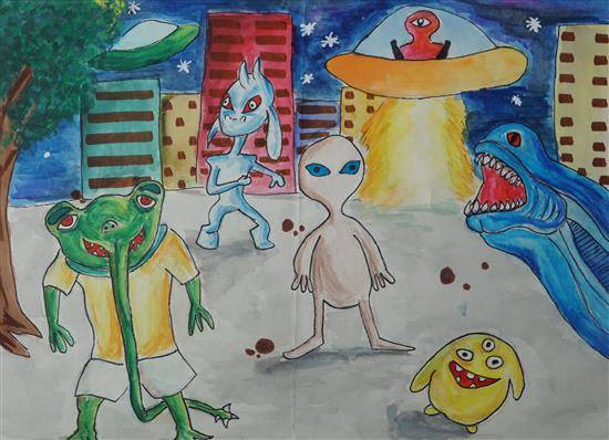 Painting  by Aayush Bhogale - Aliens on Earth