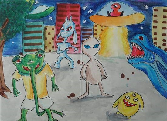 Aliens on Earth, painting by Aayush Bhogale