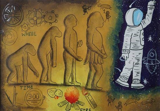 Cave Man and Today's Technology, painting by Kushal Gehlot