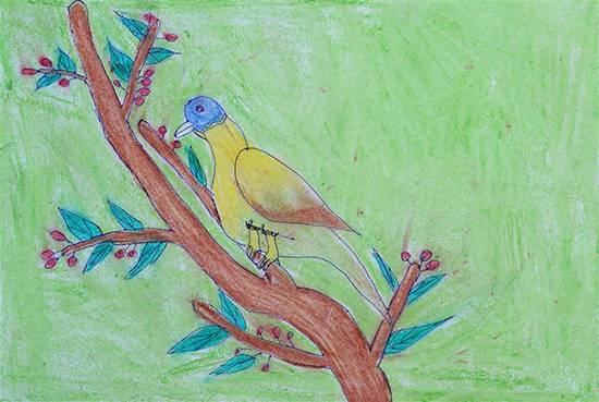 Painting  by Shila Padvale - Bird on Branch