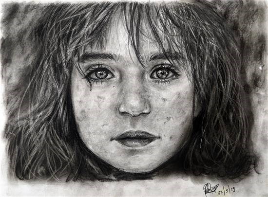 A Portrait of syrian girl from refugee camp in Adana, Turkey, painting by Sanyukta Pawar