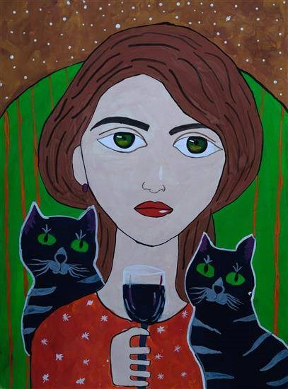 A girl with cats, painting by Bhayani Bhavya