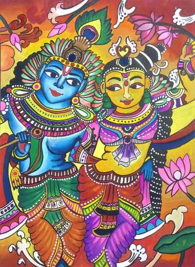 Kerala Mural Art of Krishna and Rukmini, painting by Shriya Dharmaji