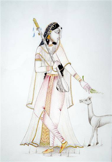 Painting  by Suyash Goel - A Girl Playing Vina