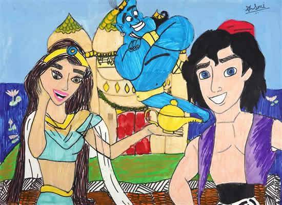 Painting  by Asmi Walavalkar - Aladdin, Princess Jasmine & Magic Lamp