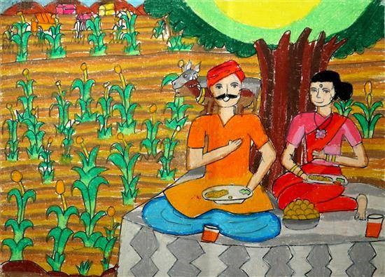 Farmer couple, painting by Asmi Walavalkar