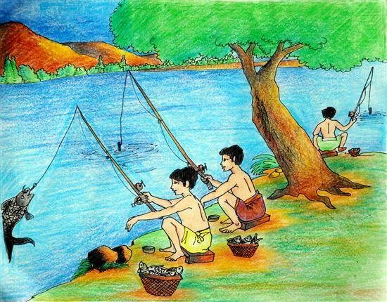 Fishing From Lake (By Fish-hook), painting by Chinmay Mahanta