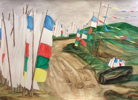 Prayer flags spreading goodwill in air, painting by Anjuli Minocha