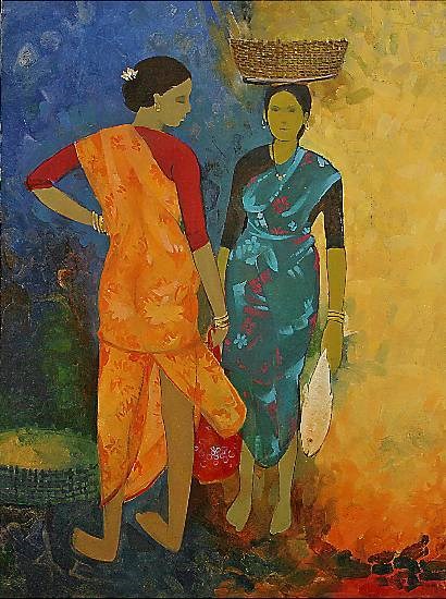 Gossip, painting by Shashikant Bane