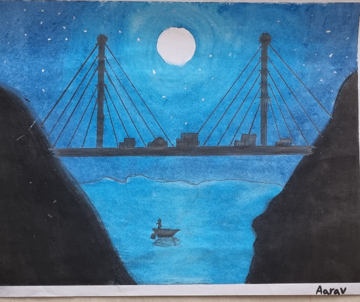 Painting  by Aarav Natekar - A night view of a bridge