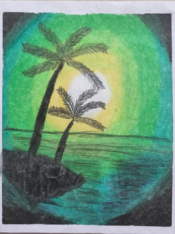 Painting  by Aarav Natekar - An island view from the ship window