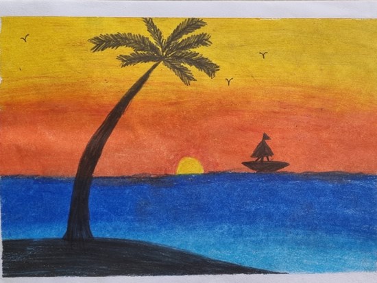 An evening view from a beach, painting by Aarav Natekar