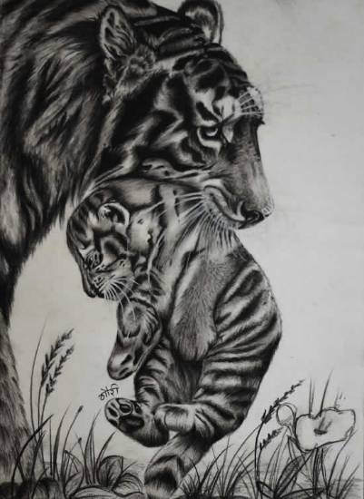 Painting  by Gauri Chaudhari - Mother tiger & Cub