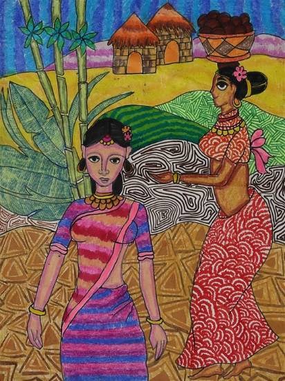 Village ladies, painting by Krisha Shah