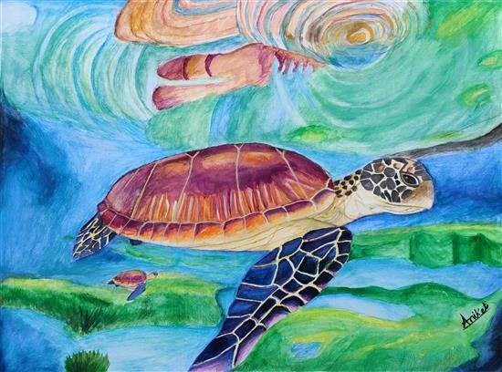 Turtles in the ocean, painting by Aniket Vibhute