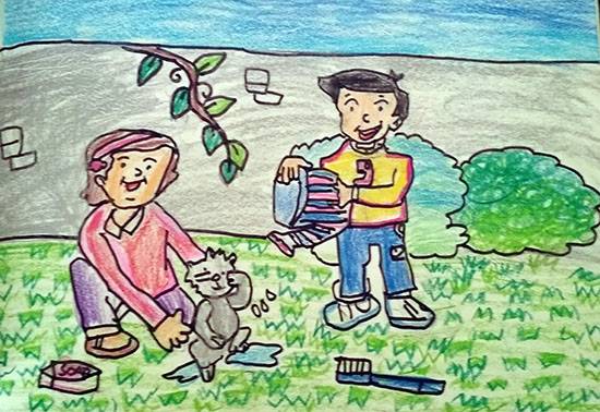 Painting  by Neel Kirtane - Children and Cat