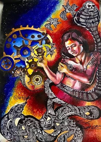 Set her free from mechanisms of life, painting by Simran Dhawan