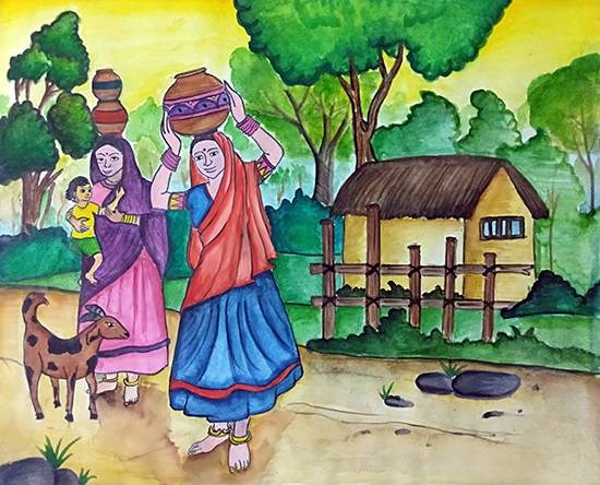 Village scene 1, painting by Shreya Priyadarshi