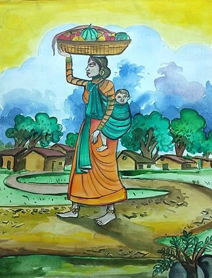 Village scene, painting by Shreya Priyadarshi