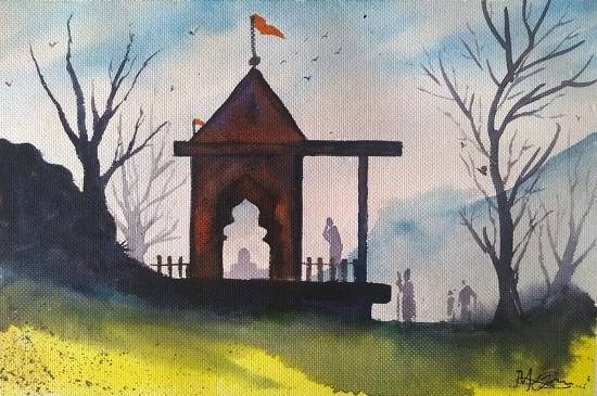 Temple on the Hills, painting by Mitali Pankaj Kapure