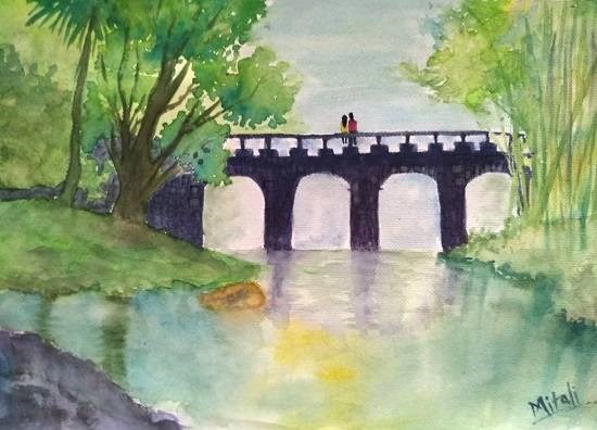 A bridge near a lake, painting by Mitali Pankaj Kapure