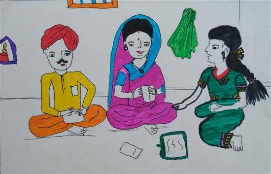 Daughter teaching to her parents, painting by Sanika Vilas Bhusara