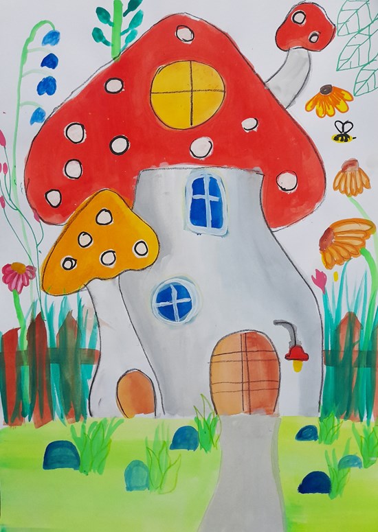 mushroom house, painting by Hasini Arunkumar