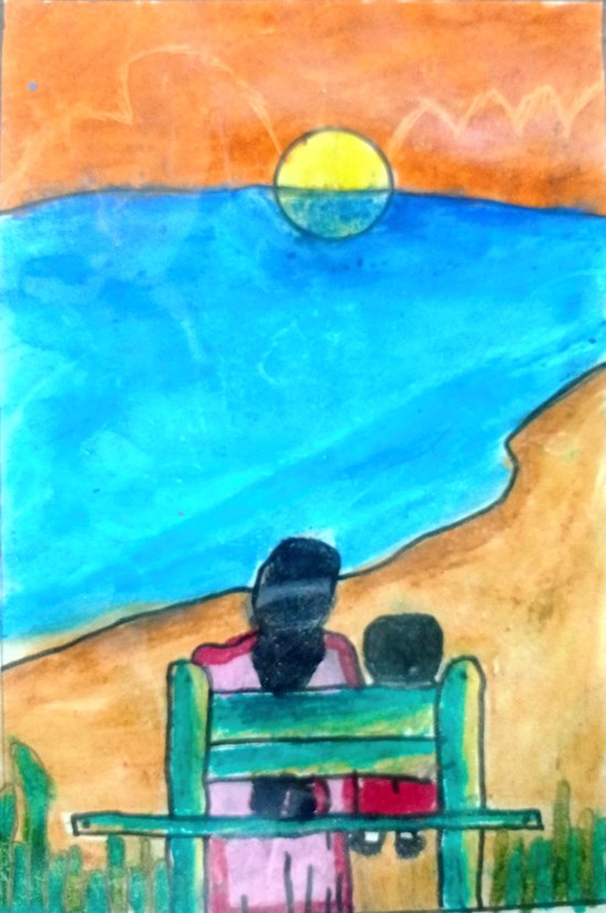 Mother and Son in Bench, painting by Shubhankar Hrishikesh