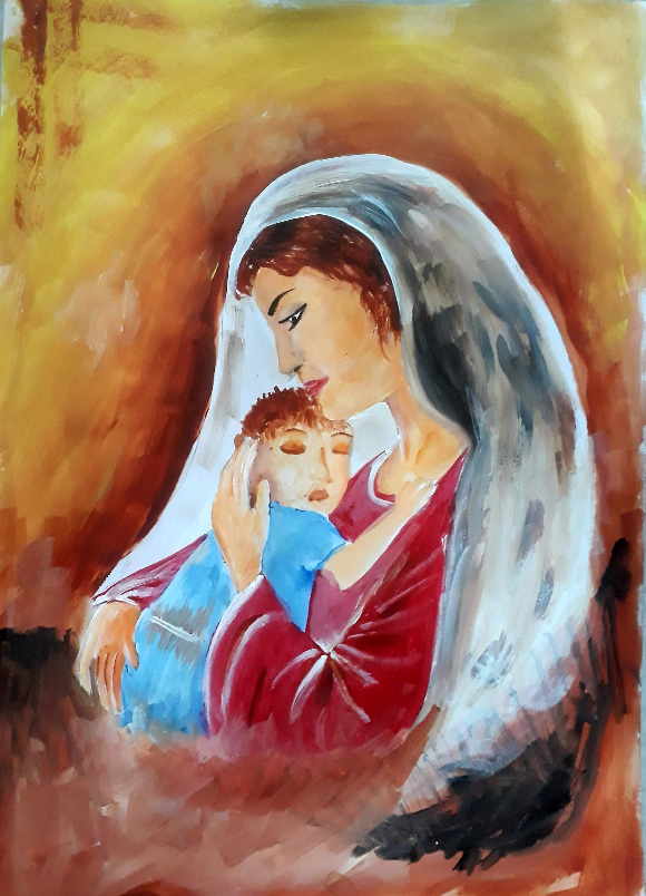 Painting  by Nishtha Sharma - Cradled in Love: A Mother's Embrace