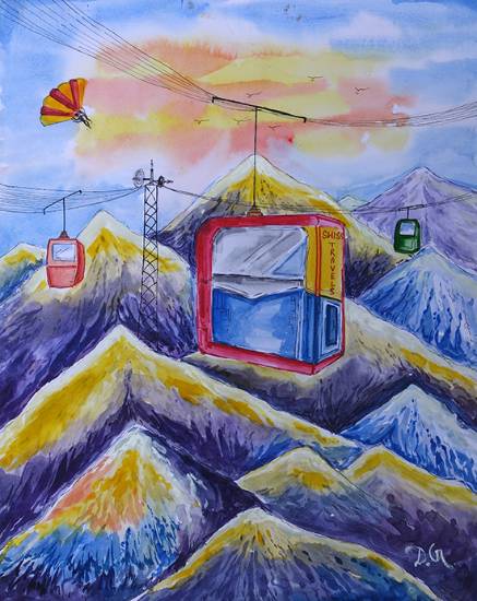 Painting  by Dipayan Ghosh - Scenic beauty of mountains and mesmerizing view of ropeway