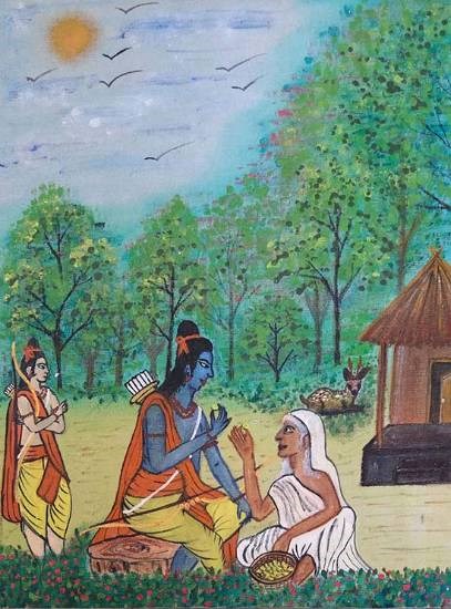 Shabari, the old lady giving berries to Lord Rama, painting by Bhuvana Jagadheeswaran