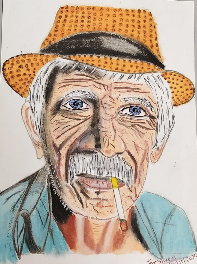 painting by Tanushree Bhattacharya - An Old Man Smoking a Cigarette