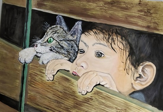 Little Boy And His Cat, painting by Tanushree Bhattacharya