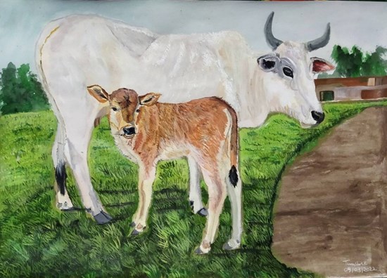 Just A Little Moo-Day, painting by Tanushree Bhattacharya