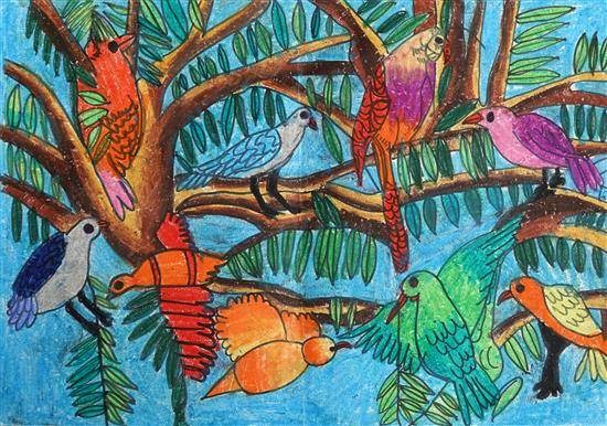 Colorful birds, painting by Kaavya Maheshwari