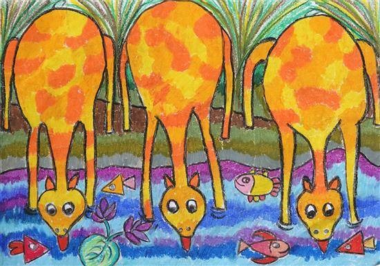 Giraffes in Jungle, painting by Senudi Dehansa Anthany De Silva
