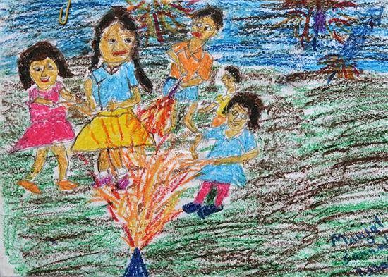 Enjoyment of Diwali Festival, painting by Manjul Sarmah Baruah
