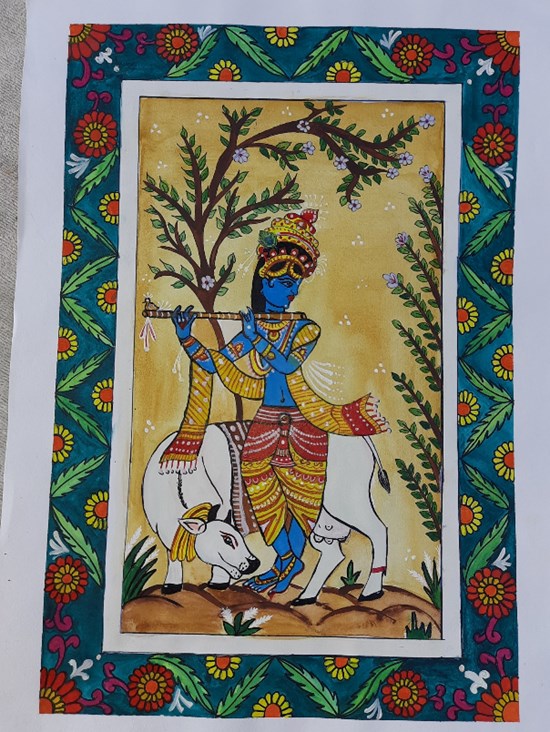 Shri Krishna Madhubani painting, painting by Akshipra Jangid