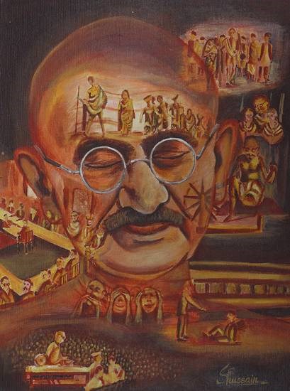 Mhatma gandhiji ki duniya, painting by Shifa Hussain