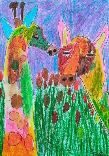Painting  by Crystal Mittal - Giraffes from the Rainbow land
